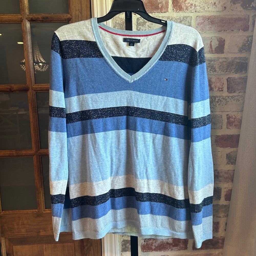 Tommy Hilfiger V-Neck Sweater Women Blue Striped Metallic Lurex Knit Large